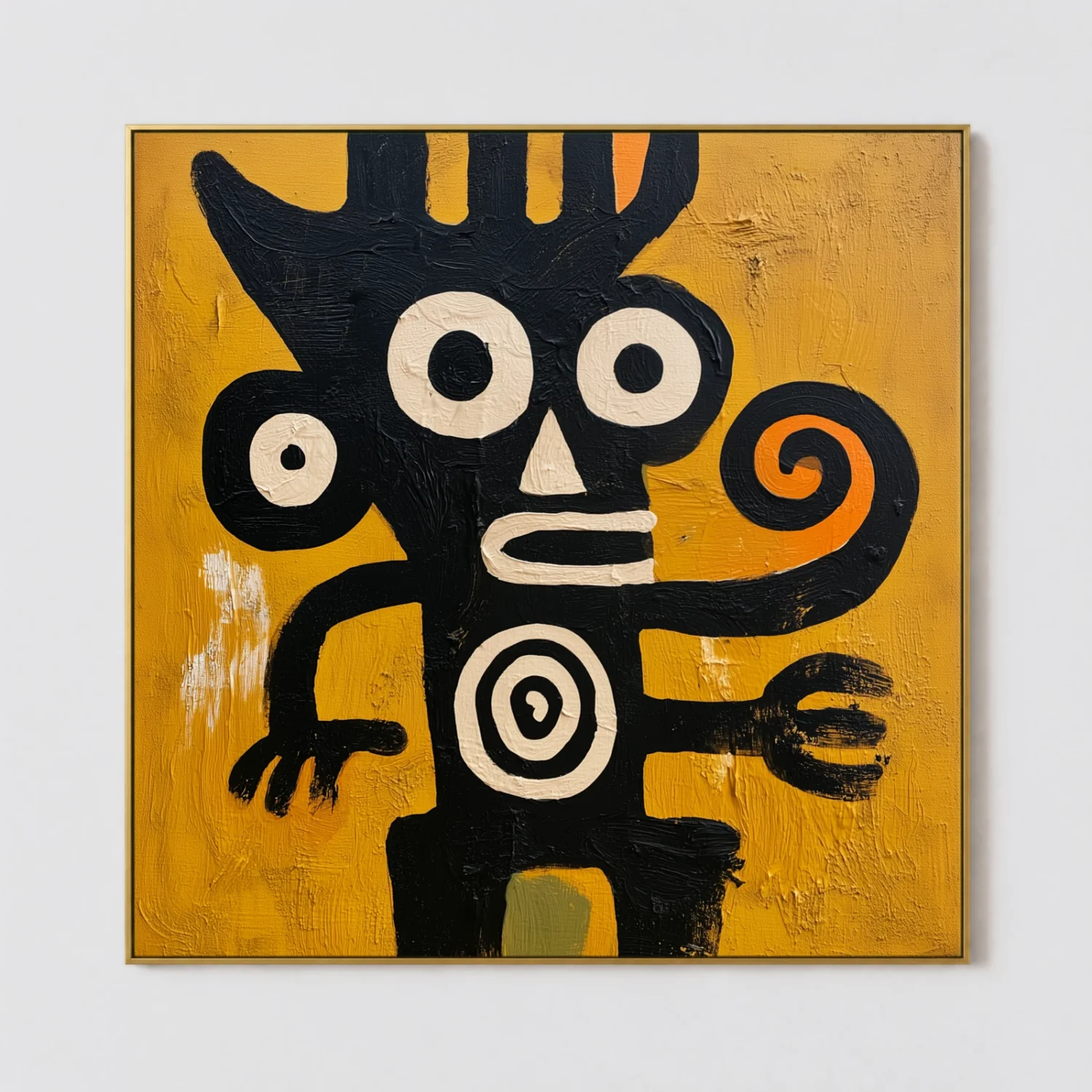 the-spiral-watcher-figurative-abstract-wall-art-T-1x1-gold-frame-wall Black abstract figure with orange spiral on mustard yellow canvas