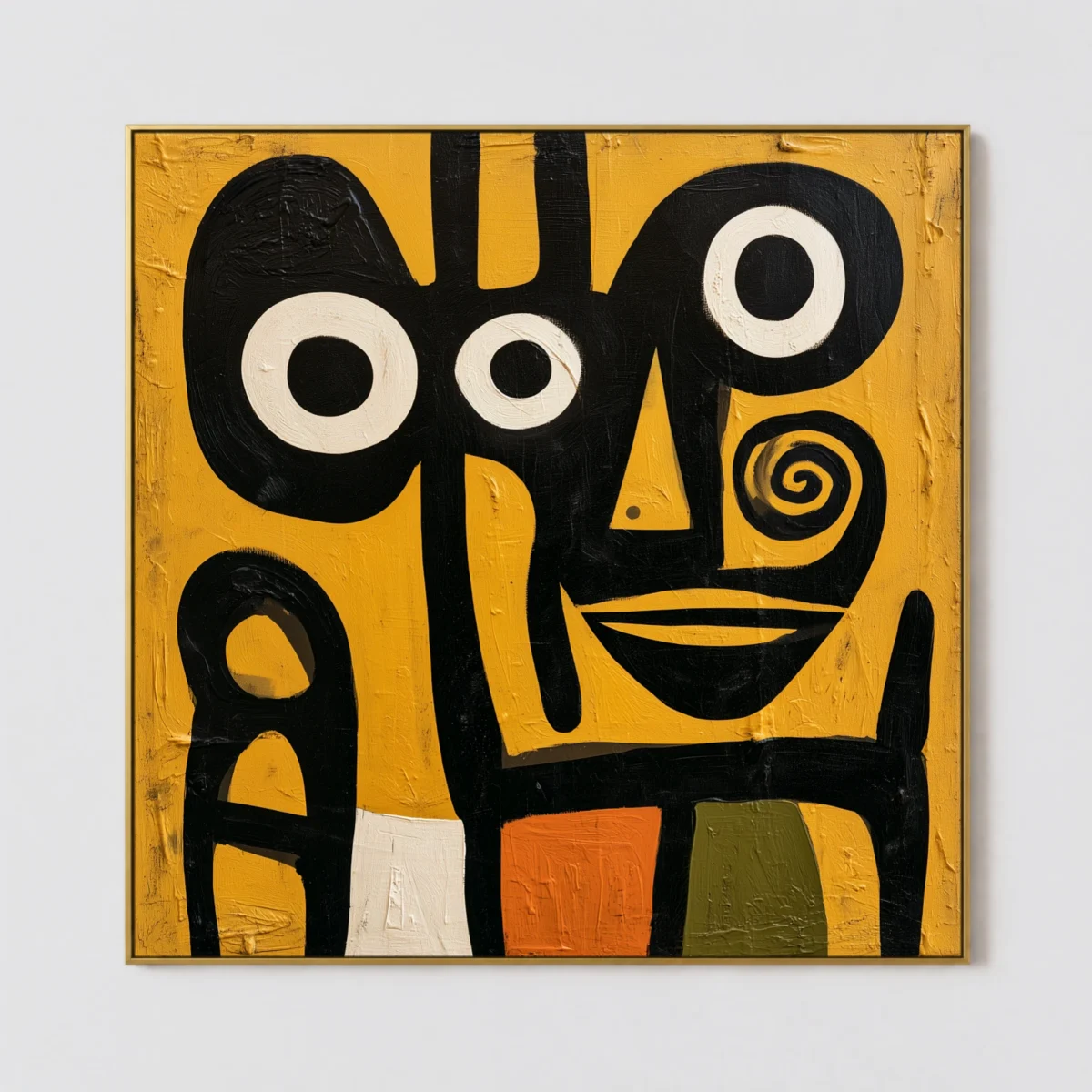 Primitive abstract black figure with tall mask shape and spiral detail