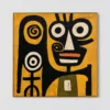 the-totem-keeper-primitive-abstract-wall-art-T-1x1-gold-frame-wall Primitive black abstract face with two spiral marks on mustard yellow canvas