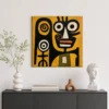 the-totem-keeper-primitive-abstract-wall-art-scene-1 Primitive black abstract face with two spiral marks on mustard yellow canvas