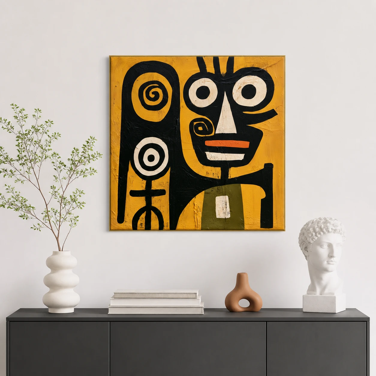 the-totem-keeper-primitive-abstract-wall-art-scene-1 Primitive black abstract face with two spiral marks on mustard yellow canvas