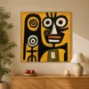 the-totem-keeper-primitive-abstract-wall-art-scene-2 Primitive black abstract face with two spiral marks on mustard yellow canvas