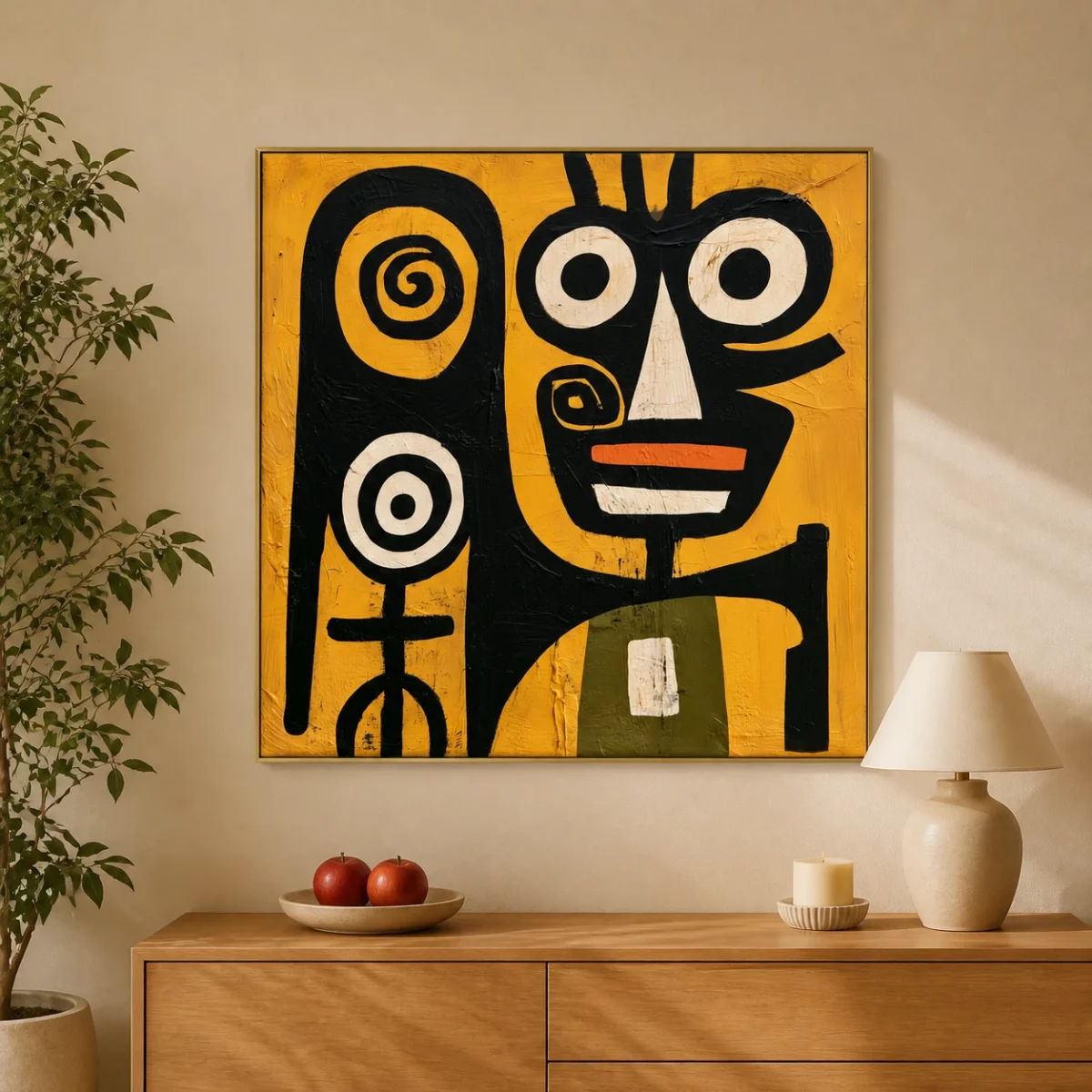 Primitive black abstract face with two spiral marks on mustard yellow canvas
