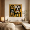 the-totem-keeper-primitive-abstract-wall-art-scene-3 Primitive black abstract face with two spiral marks on mustard yellow canvas