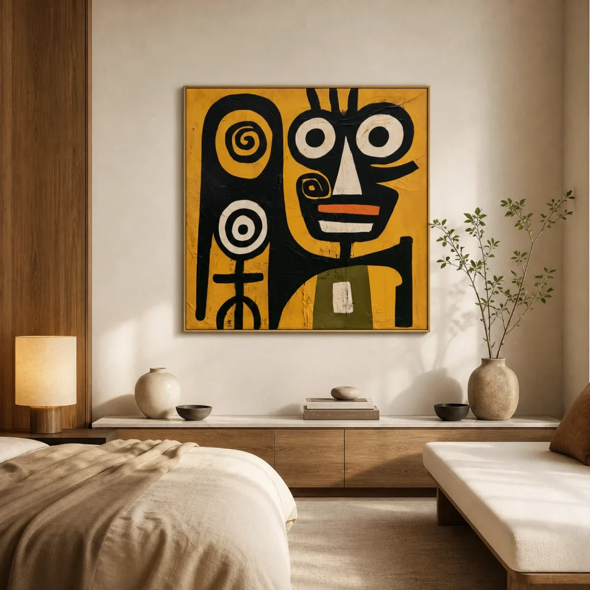 Primitive black abstract face with two spiral marks on mustard yellow canvas