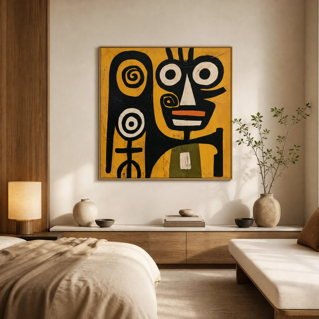 the-totem-keeper-primitive-abstract-wall-art-scene-3 Primitive black abstract face with two spiral marks on mustard yellow canvas