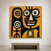 the-totem-keeper-primitive-abstract-wall-art-scene-4 Primitive black abstract face with two spiral marks on mustard yellow canvas