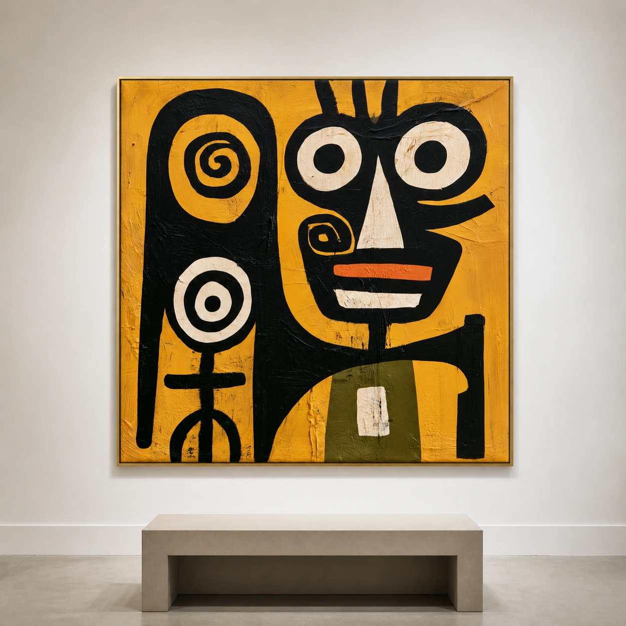 the-totem-keeper-primitive-abstract-wall-art-scene-4 Primitive black abstract face with two spiral marks on mustard yellow canvas