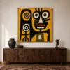 the-totem-keeper-primitive-abstract-wall-art-scene-5 Primitive black abstract face with two spiral marks on mustard yellow canvas