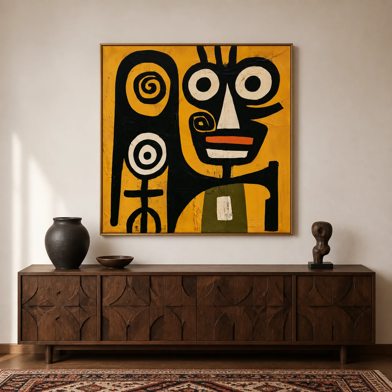 the-totem-keeper-primitive-abstract-wall-art-scene-5 Primitive black abstract face with two spiral marks on mustard yellow canvas