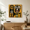 the-totem-keeper-primitive-abstract-wall-art-scene-6 Primitive black abstract face with two spiral marks on mustard yellow canvas