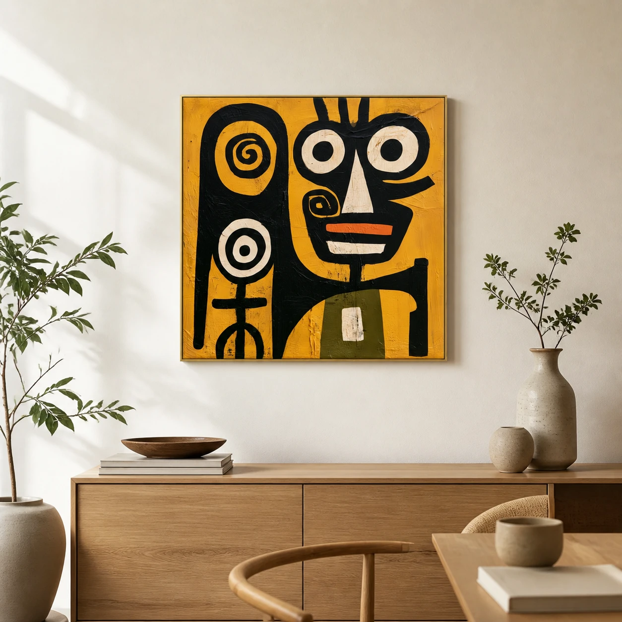 the-totem-keeper-primitive-abstract-wall-art-scene-6 Primitive black abstract face with two spiral marks on mustard yellow canvas