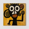 Black abstract figure with orange lips and twin spiral forms on mustard canvas