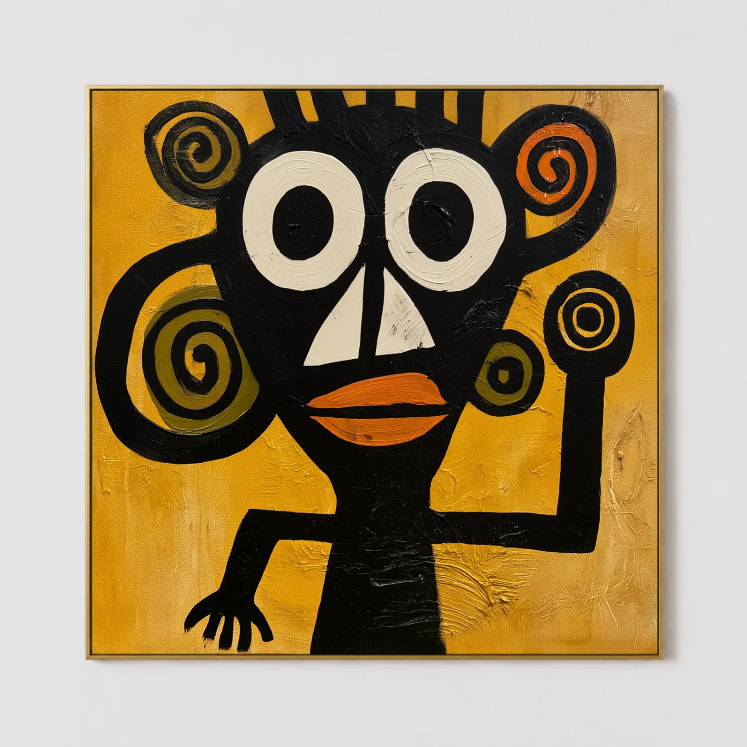 Black abstract figure with orange lips and twin spiral forms on mustard canvas