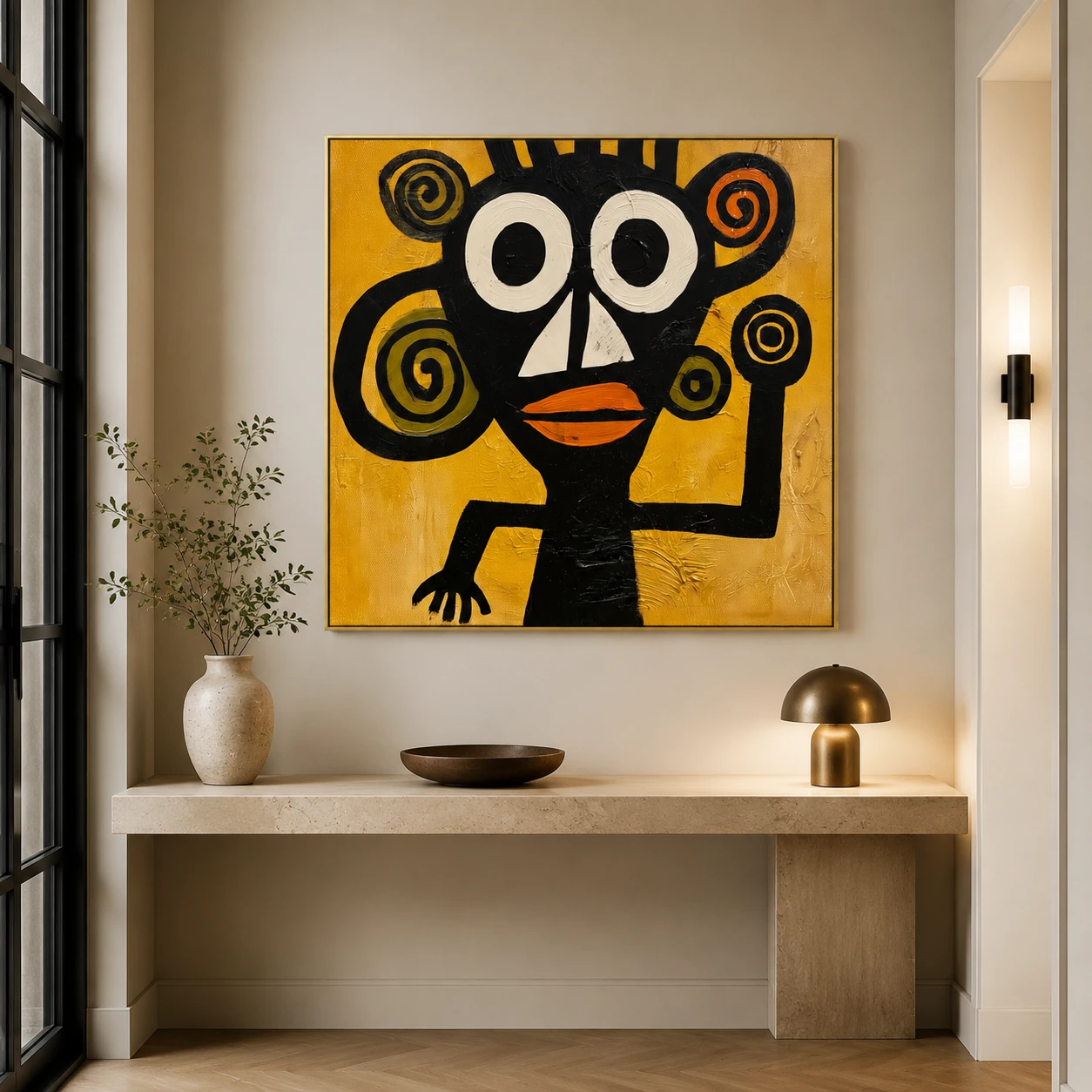 S017 | Twin Spiral Guardian – Boho Figurative Wall Art
