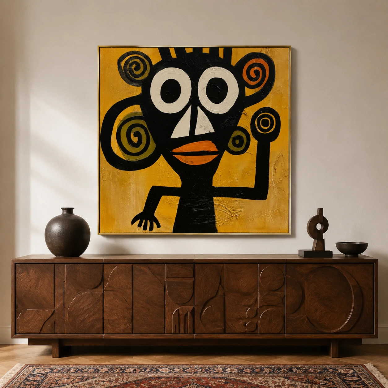 S017 | Twin Spiral Guardian – Boho Figurative Wall Art