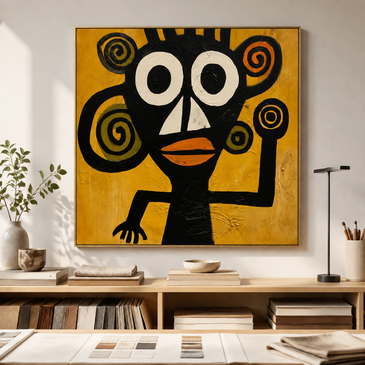 S017 | Twin Spiral Guardian – Boho Figurative Wall Art
