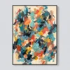 Colorful turquoise and coral abstract painting with layered oil strokes and brown line