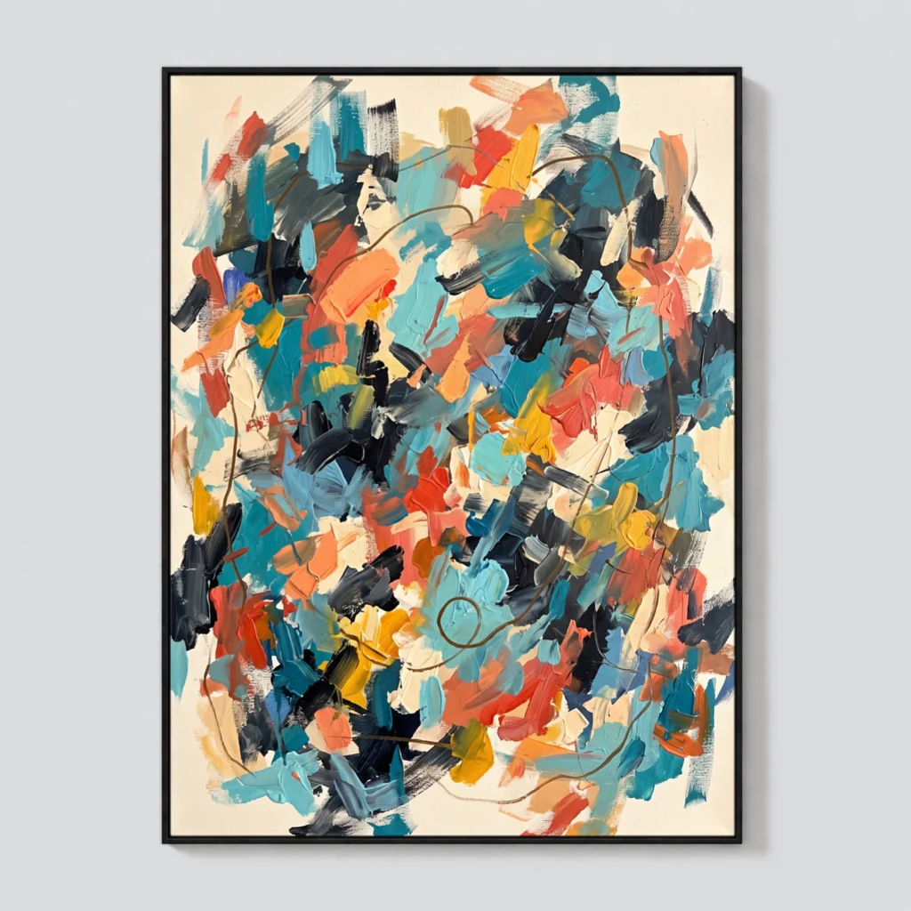 Colorful turquoise and coral abstract painting with layered oil strokes and brown line