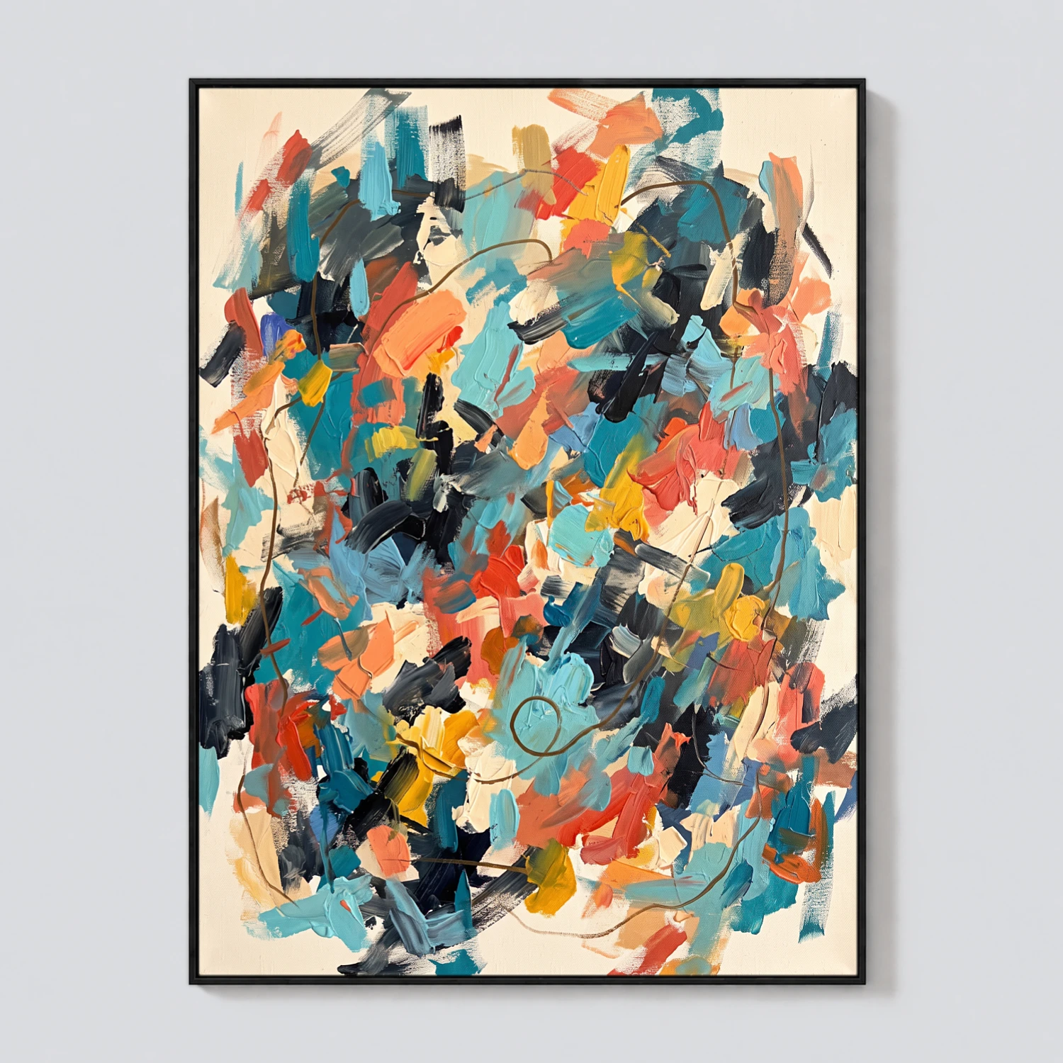 Colorful turquoise and coral abstract painting with layered oil strokes and brown line