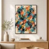 Colorful turquoise and coral abstract painting with layered oil strokes and brown line