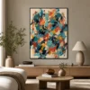 Colorful turquoise and coral abstract painting with layered oil strokes and brown line