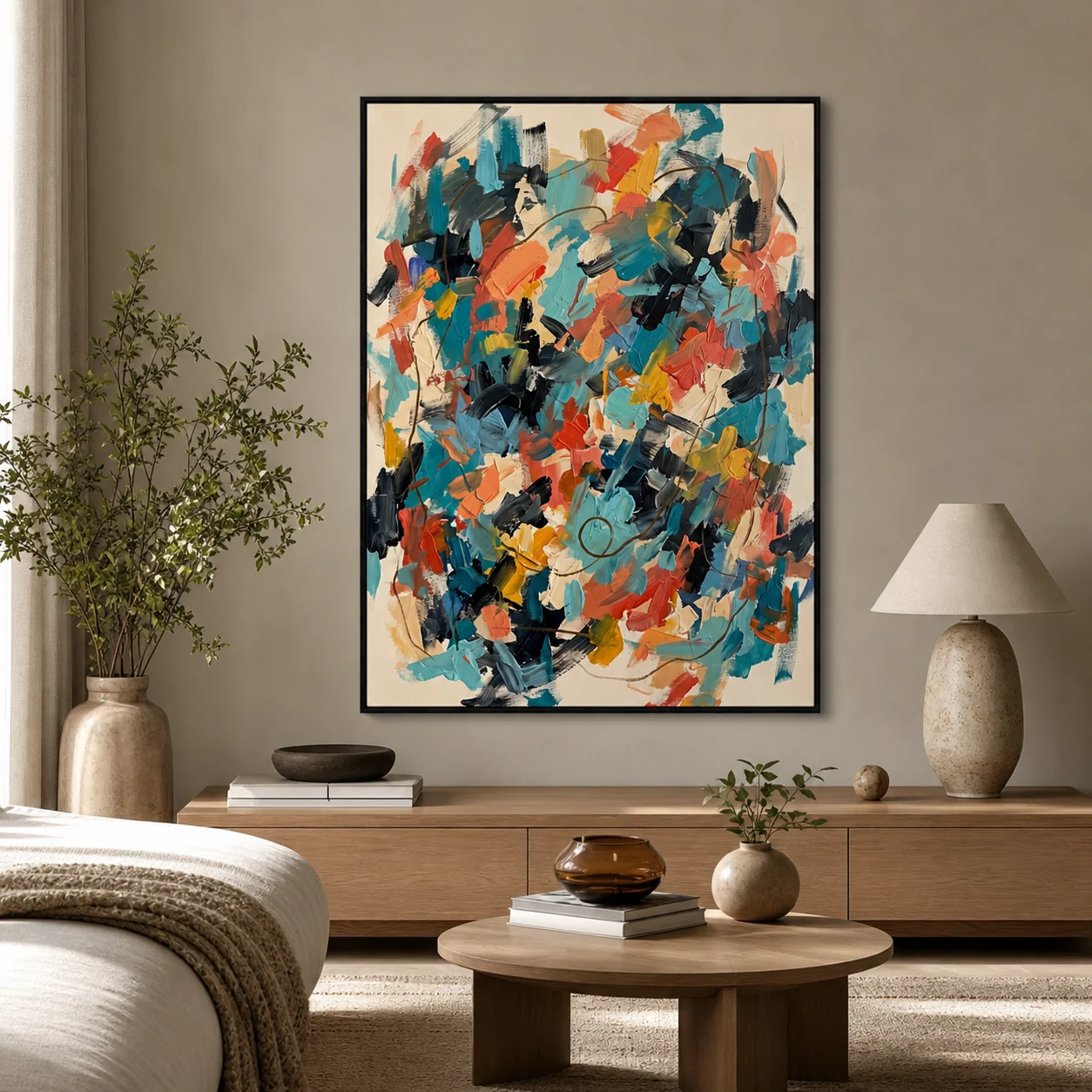 Colorful turquoise and coral abstract painting with layered oil strokes and brown line