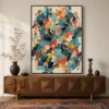 Colorful turquoise and coral abstract painting with layered oil strokes and brown line