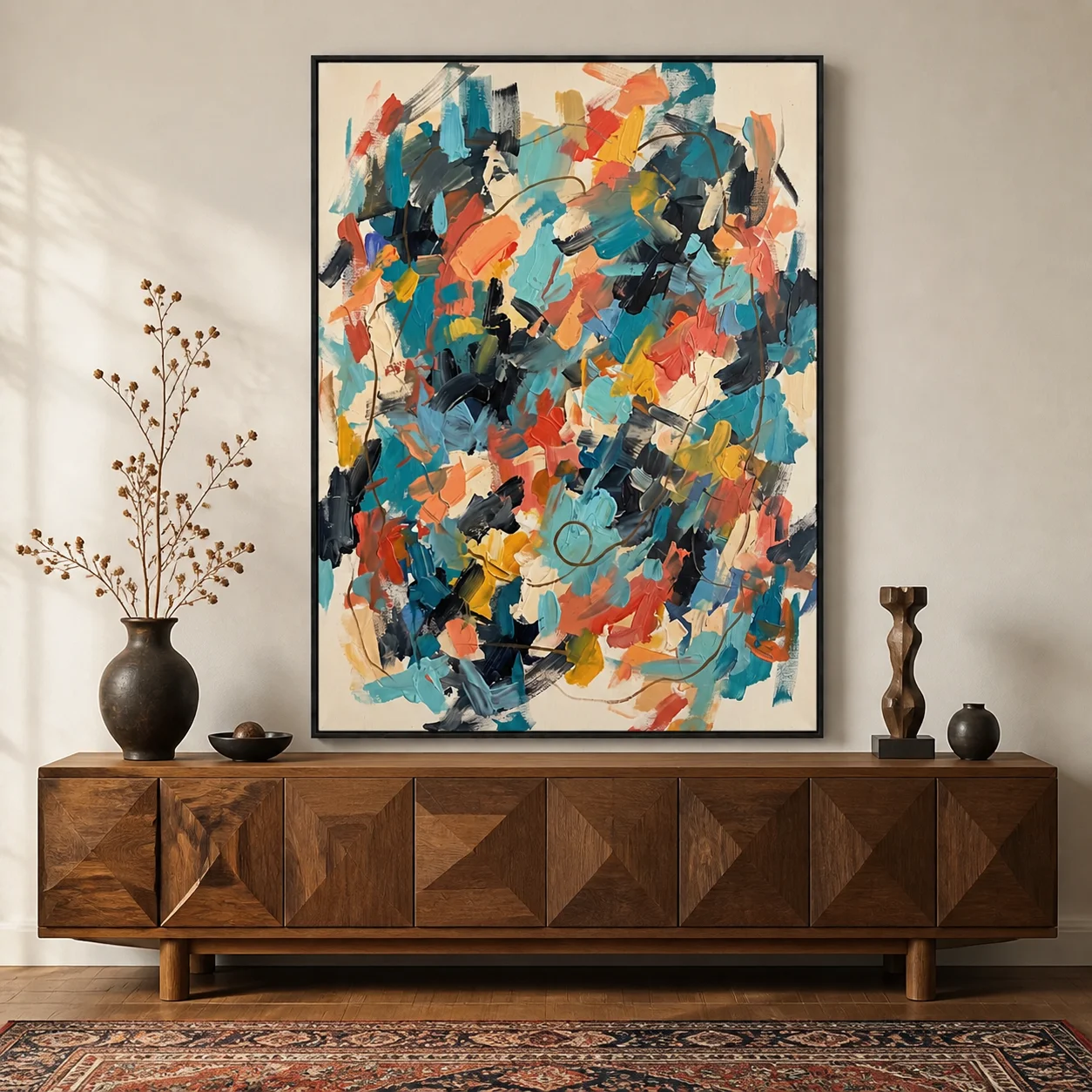Colorful turquoise and coral abstract painting with layered oil strokes and brown line