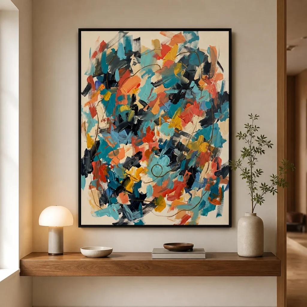 Colorful turquoise and coral abstract painting with layered oil strokes and brown line