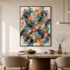 Colorful turquoise and coral abstract painting with layered oil strokes and brown line