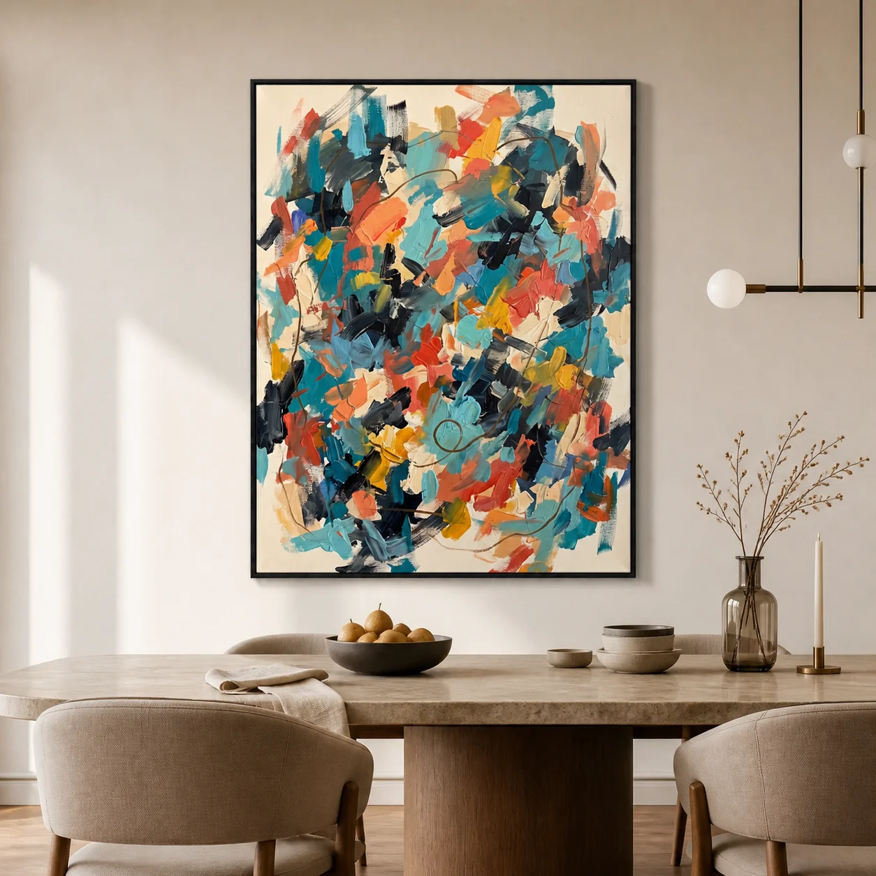 Colorful turquoise and coral abstract painting with layered oil strokes and brown line