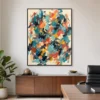 Colorful turquoise and coral abstract painting with layered oil strokes and brown line