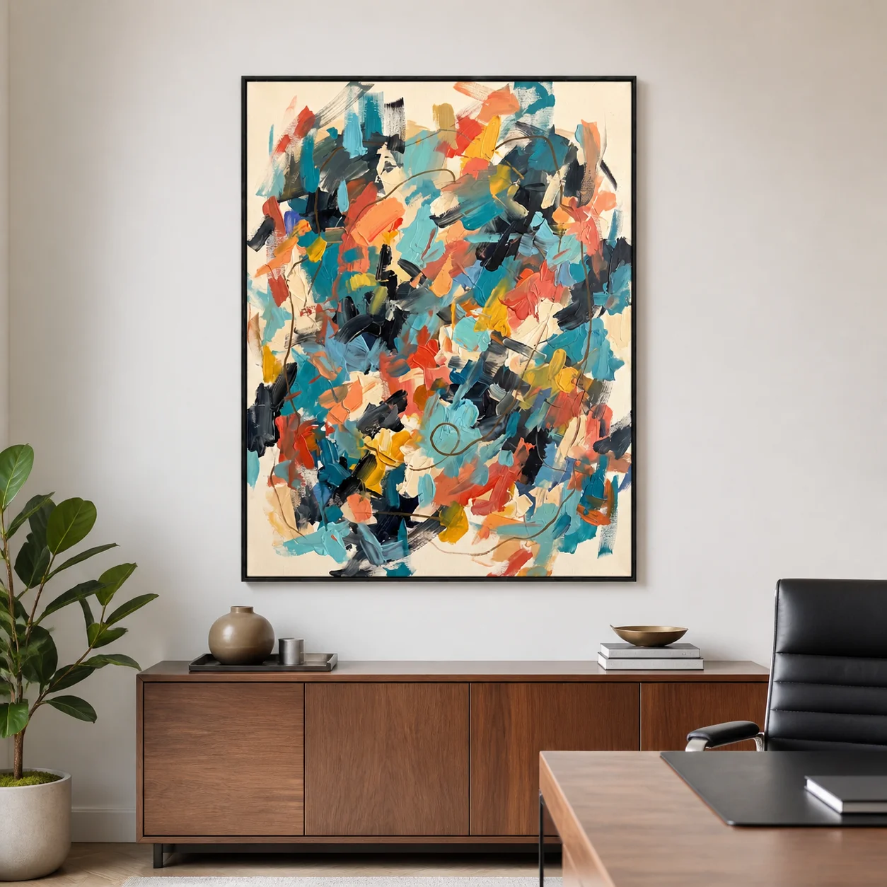 Colorful turquoise and coral abstract painting with layered oil strokes and brown line