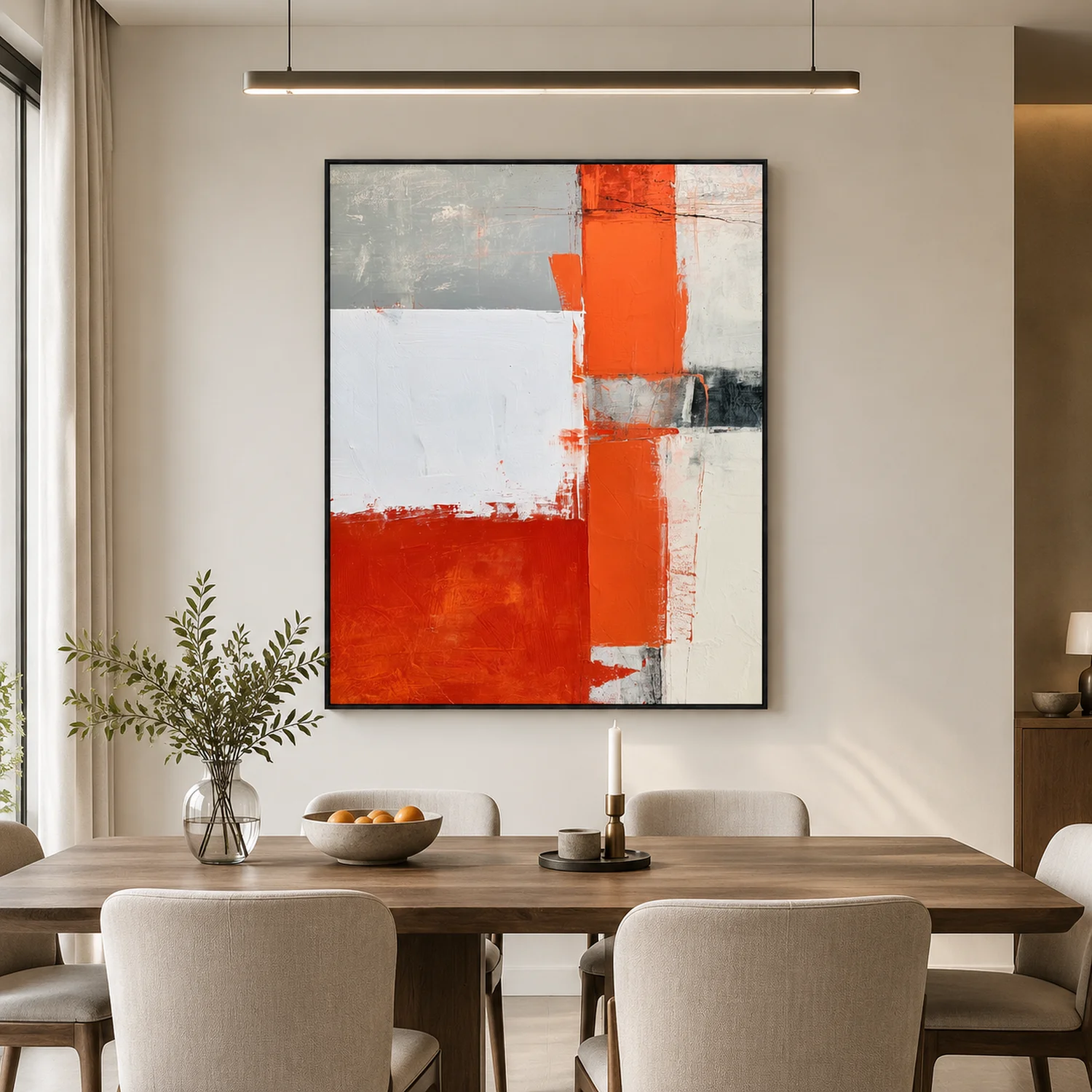 vertical-ember-orange-abstract-wall-art-dining-room-1 P054 | Vertical Ember – Orange Abstract Wall Art