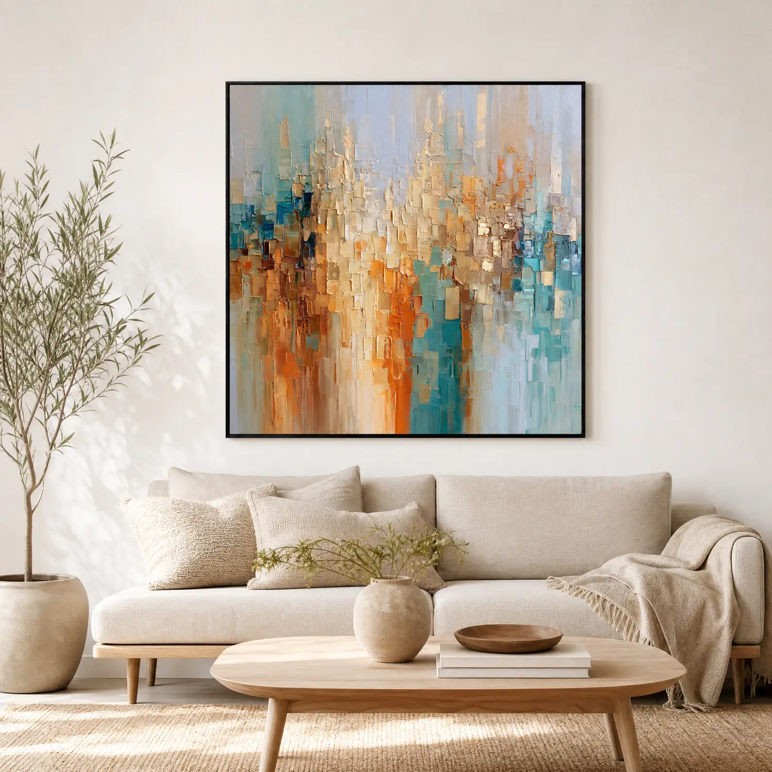 S041 | Amber Grid – Blue Orange Abstract Wall Art