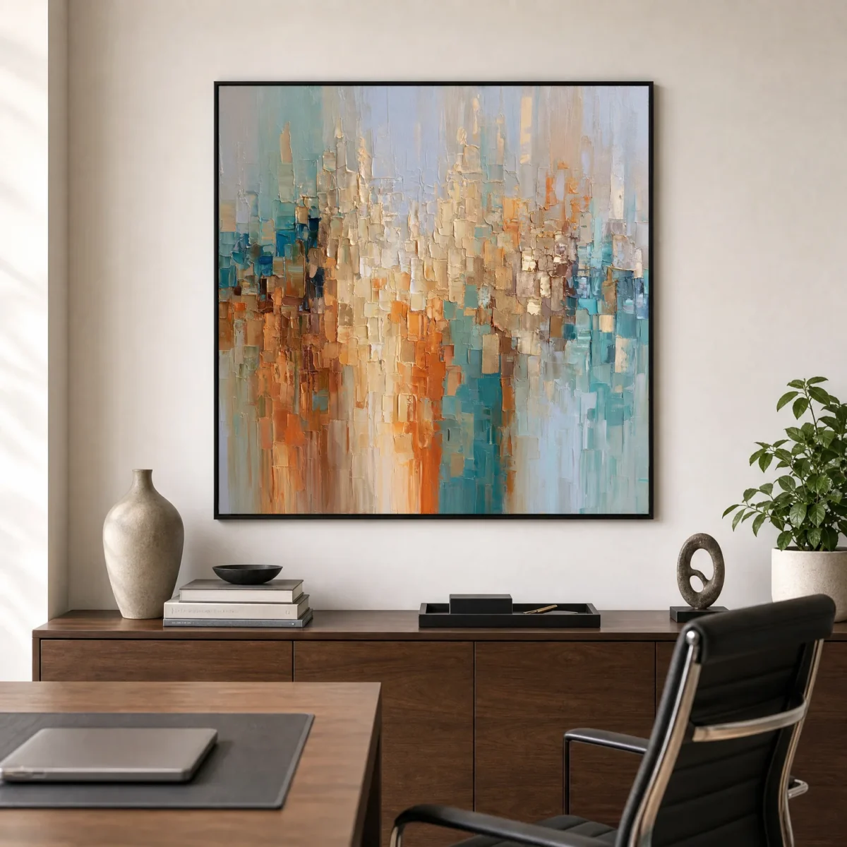 S041 | Amber Grid – Blue Orange Abstract Wall Art