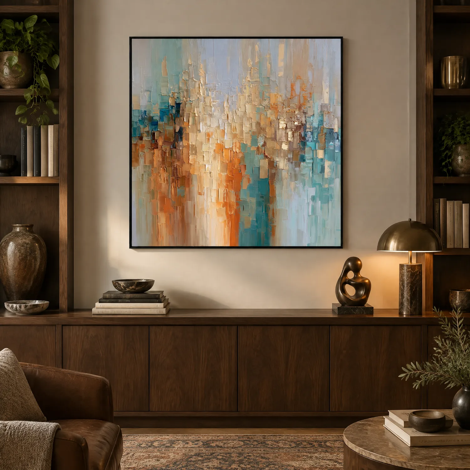 S041 | Amber Grid – Blue Orange Abstract Wall Art