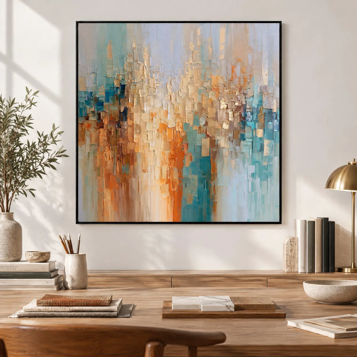 S041 | Amber Grid – Blue Orange Abstract Wall Art
