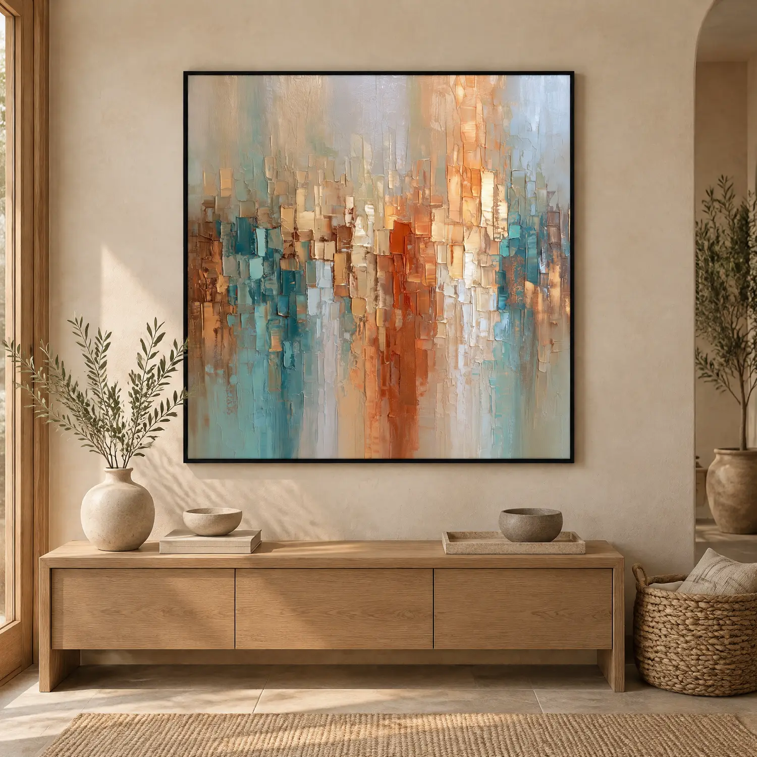 burnt-axis-blue-orange-abstract-wall-art-display-03 S042 | Burnt Axis – Blue Orange Abstract Wall Art