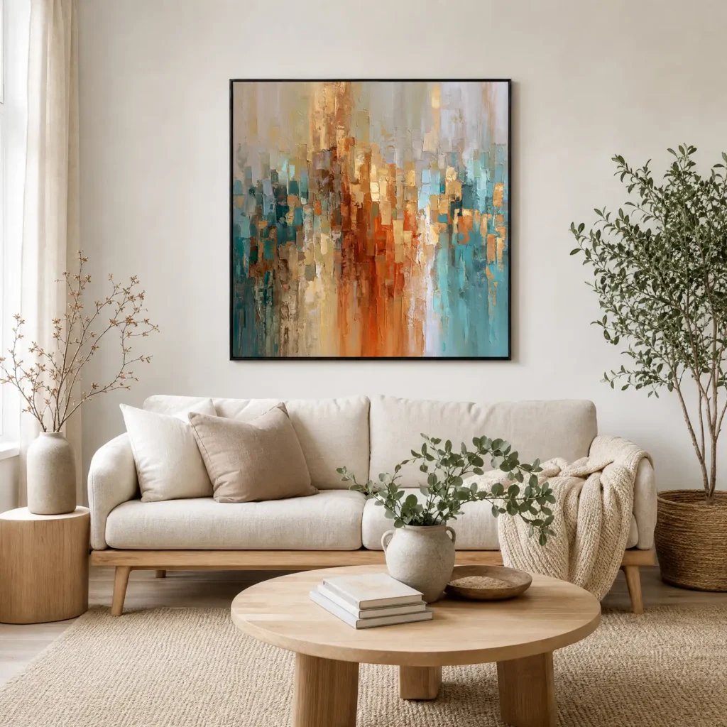 S040 | Copper Rise – Blue Orange Abstract Wall Art