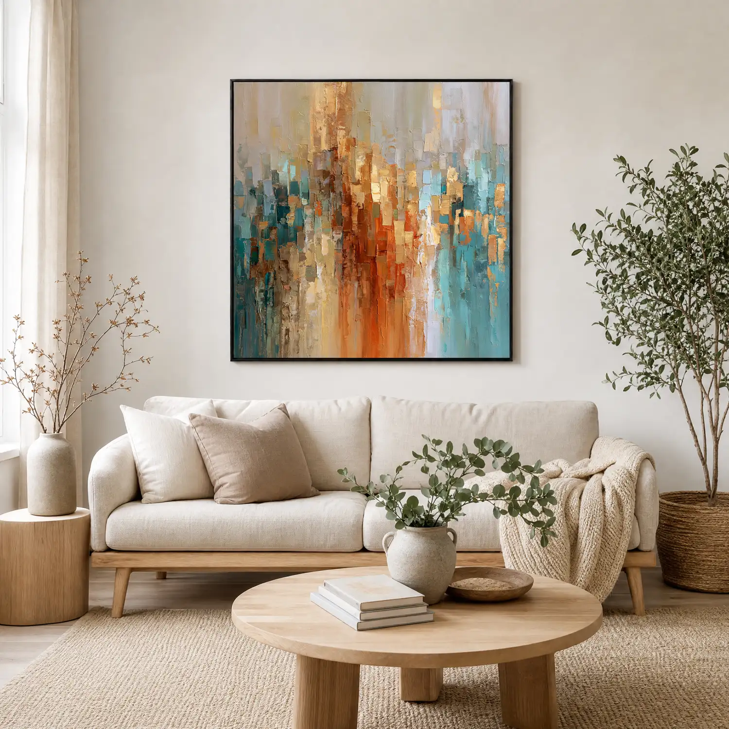 copper-rise-blue-orange-abstract-wall-art-display-01 S040 | Copper Rise – Blue Orange Abstract Wall Art