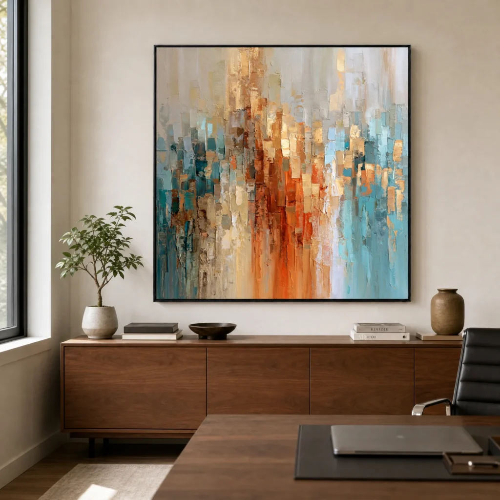 S040 | Copper Rise – Blue Orange Abstract Wall Art
