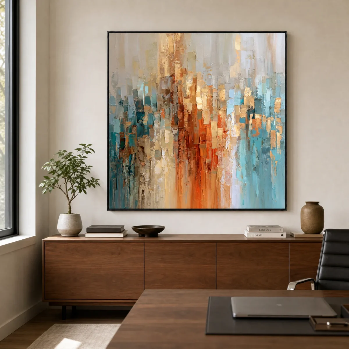 S040 | Copper Rise – Blue Orange Abstract Wall Art