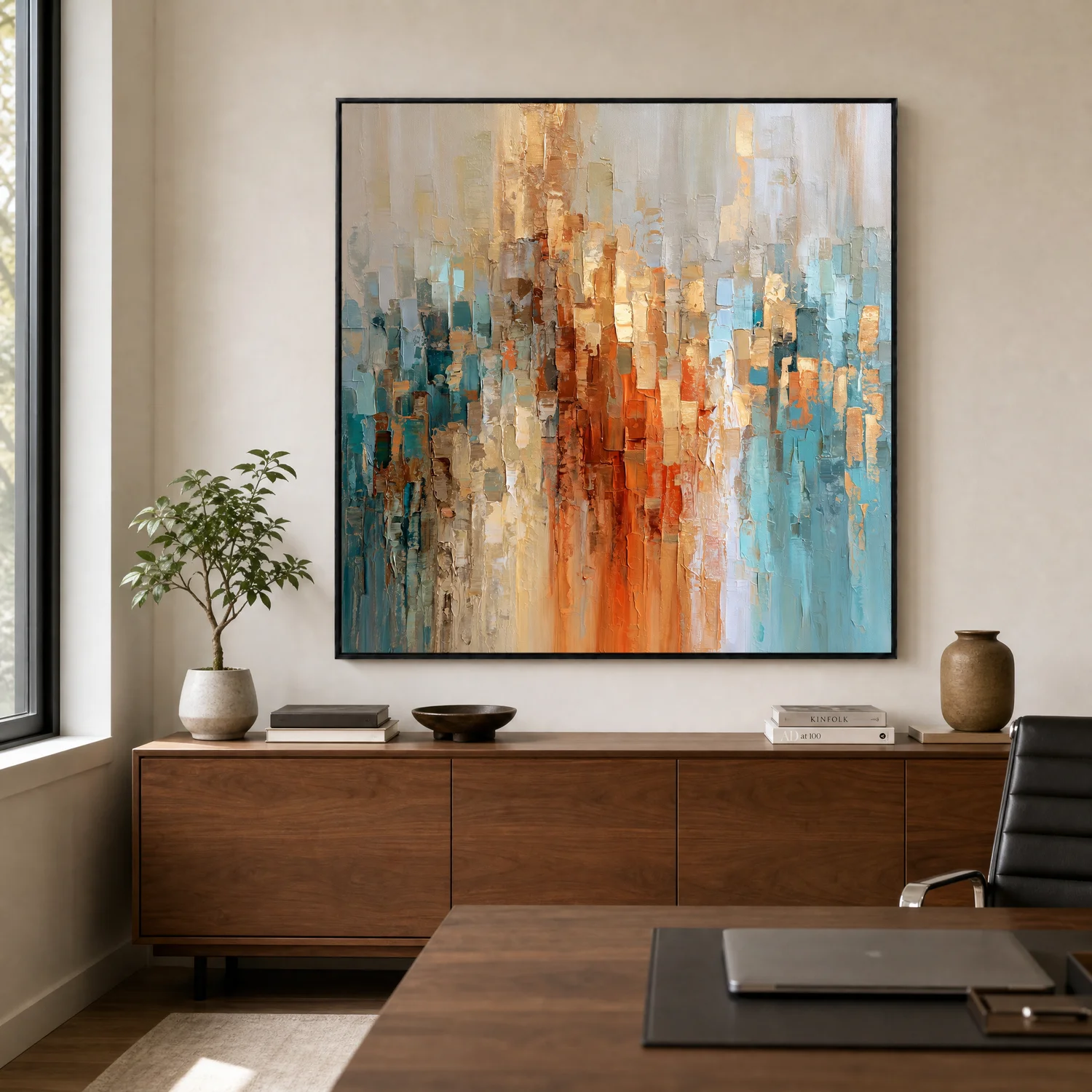copper-rise-blue-orange-abstract-wall-art-display-02 S040 | Copper Rise – Blue Orange Abstract Wall Art