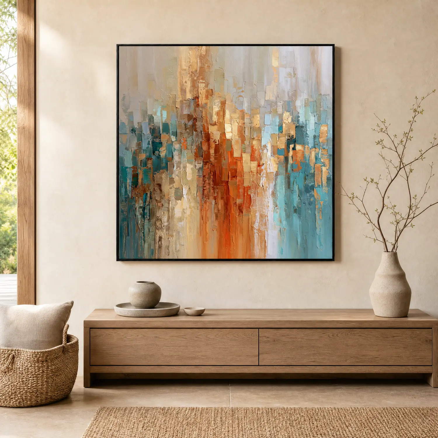 copper-rise-blue-orange-abstract-wall-art-display-03 S040 | Copper Rise – Blue Orange Abstract Wall Art