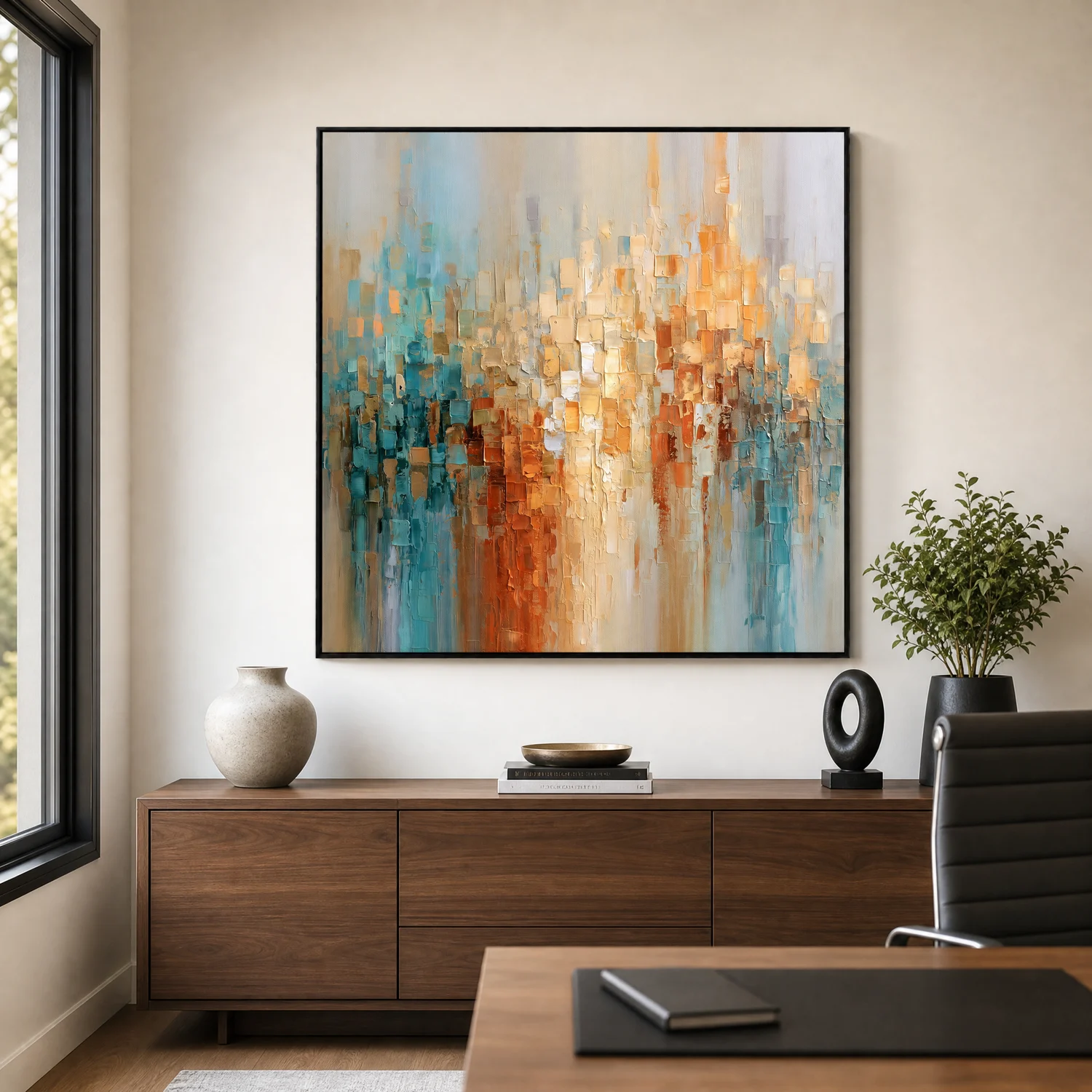 pale-current-blue-orange-abstract-wall-art-display-03 S043 | Pale Current – Blue Orange Abstract Wall Art